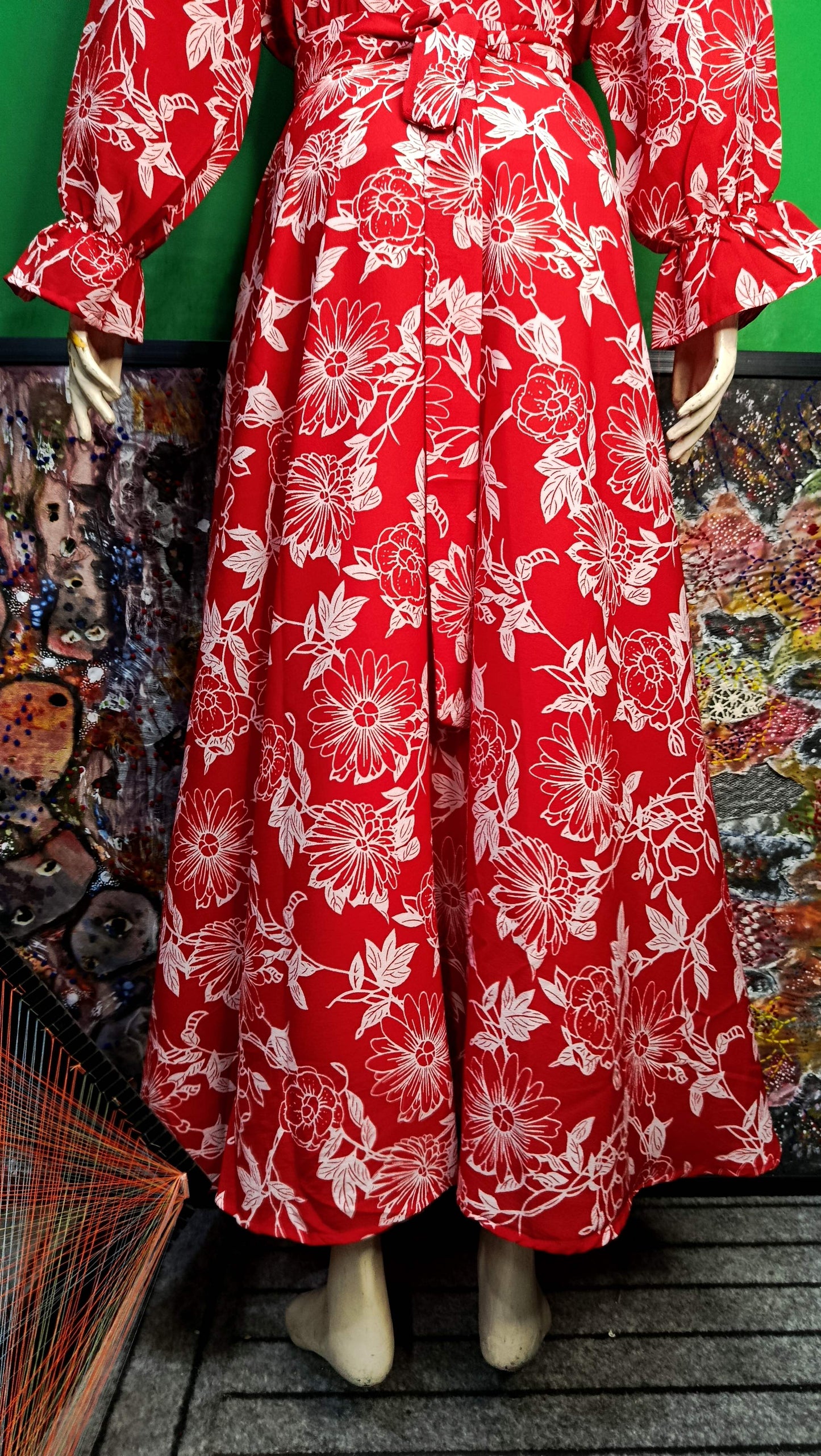 Red white leaves Maxi Dress Pakistan – Soft Georgette Fabric | Ameeri Fabric (Copy)