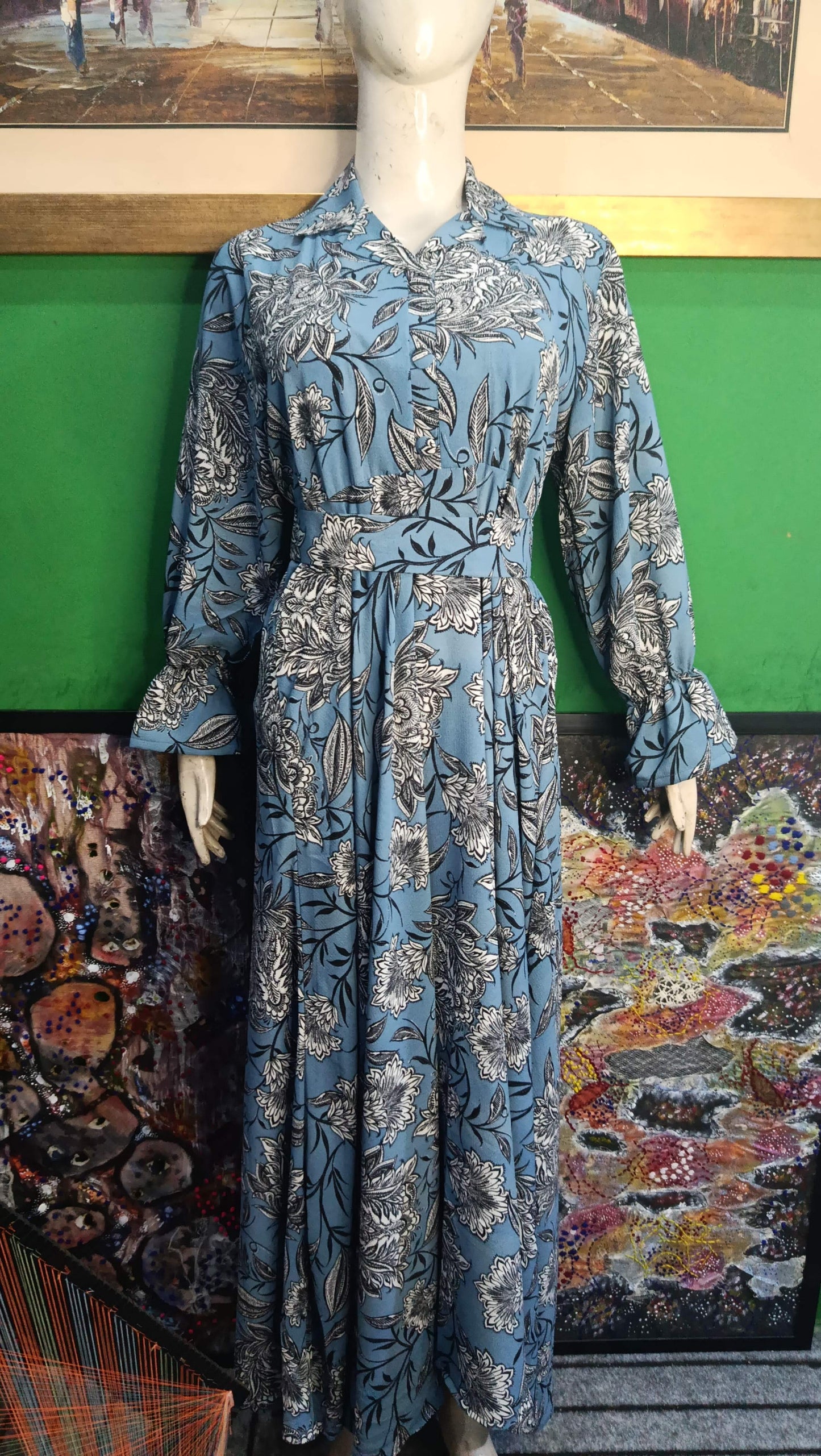 Sky blue floral Maxi Dress Pakistan – Soft Georgette Fabric | Ameeri Fabric
