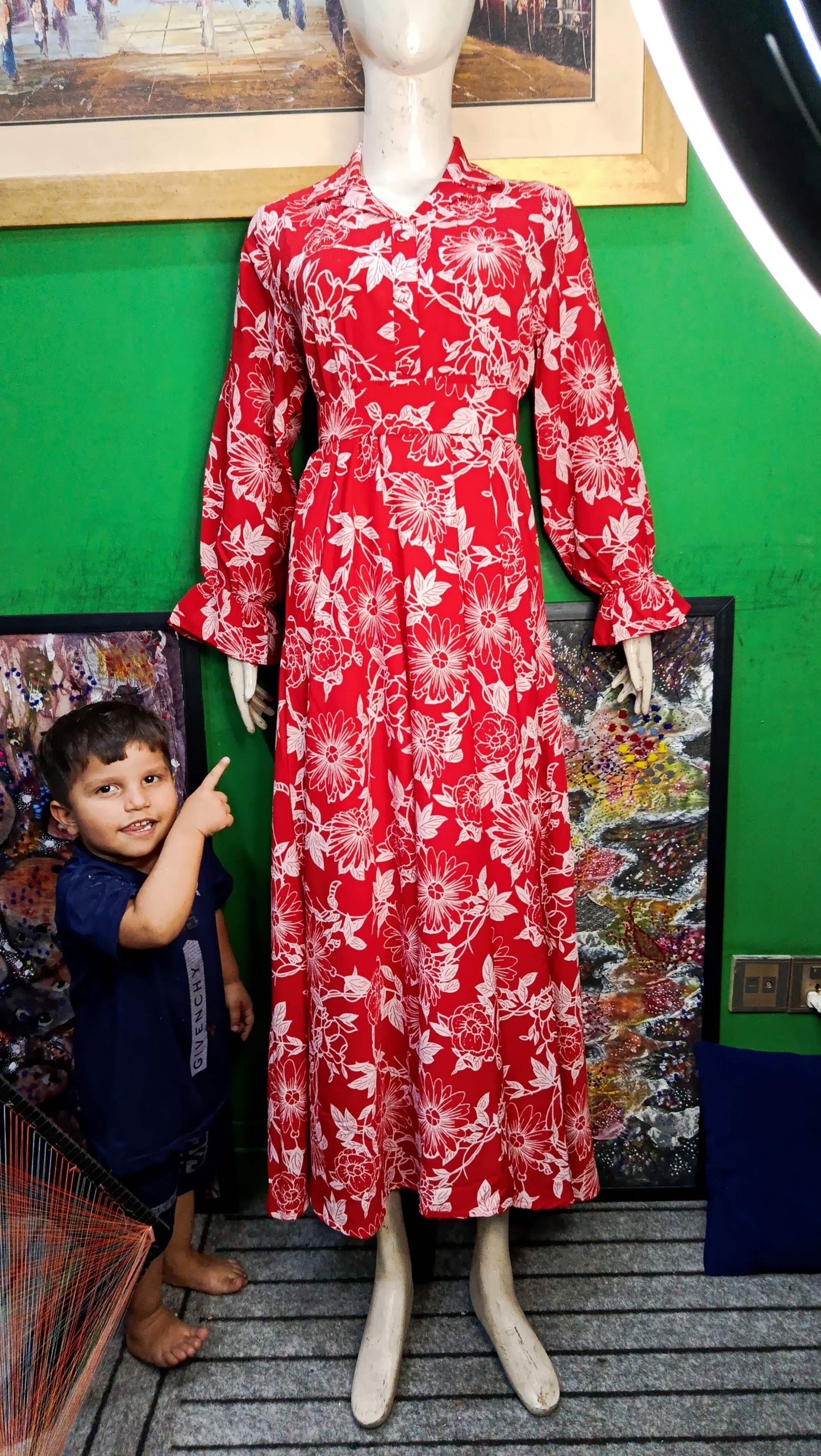 Red white leaves Maxi Dress Pakistan – Soft Georgette Fabric | Ameeri Fabric (Copy)