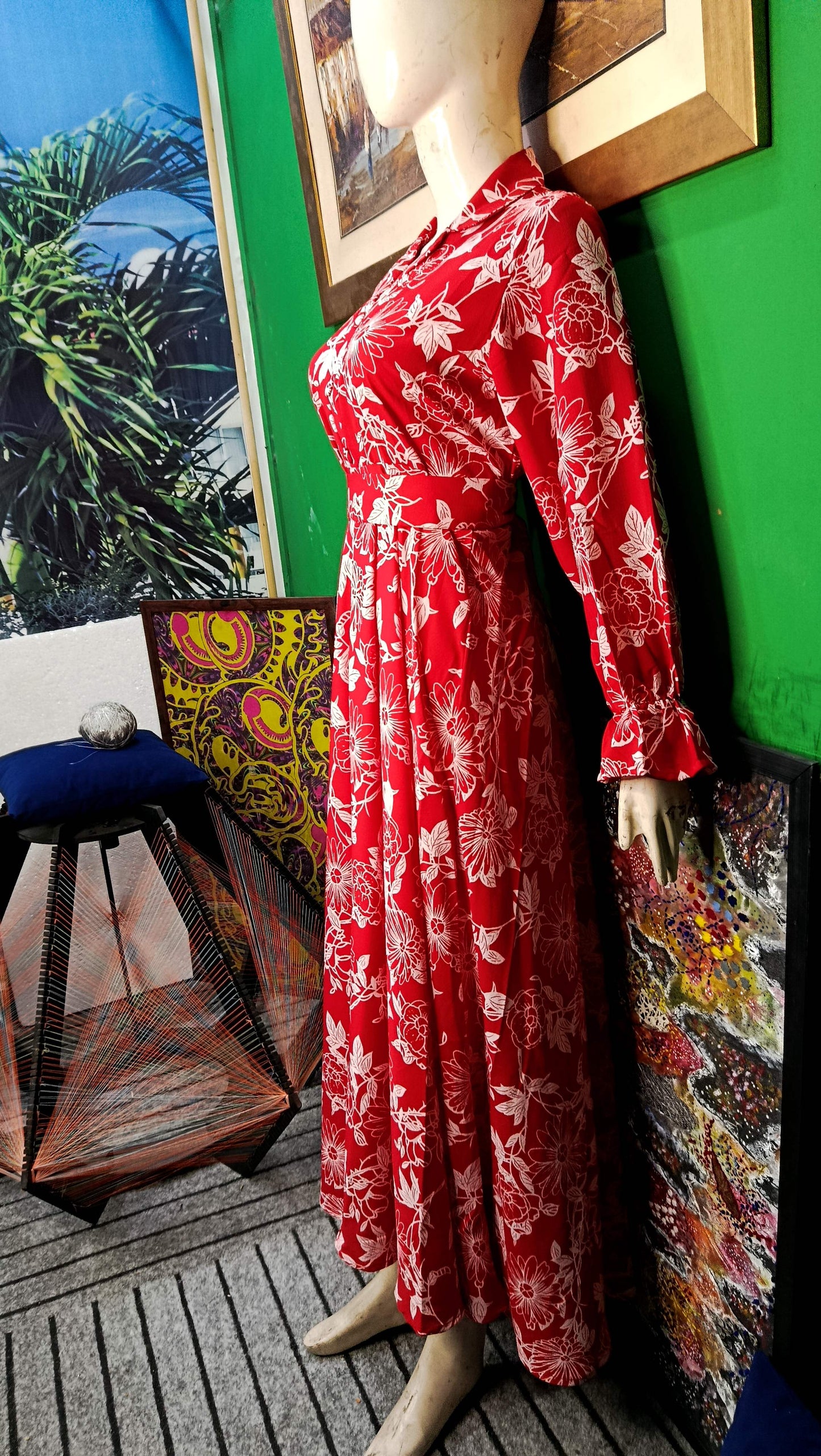 Red white leaves Maxi Dress Pakistan – Soft Georgette Fabric | Ameeri Fabric (Copy)