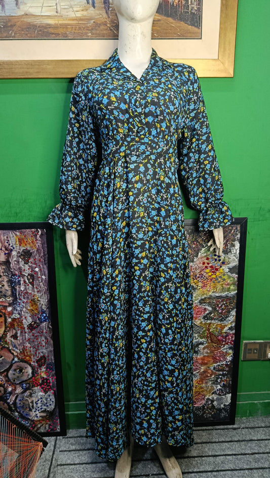Black sky blue Floral Maxi Dress Pakistan – Soft Georgette Fabric | Ameeri Fabric