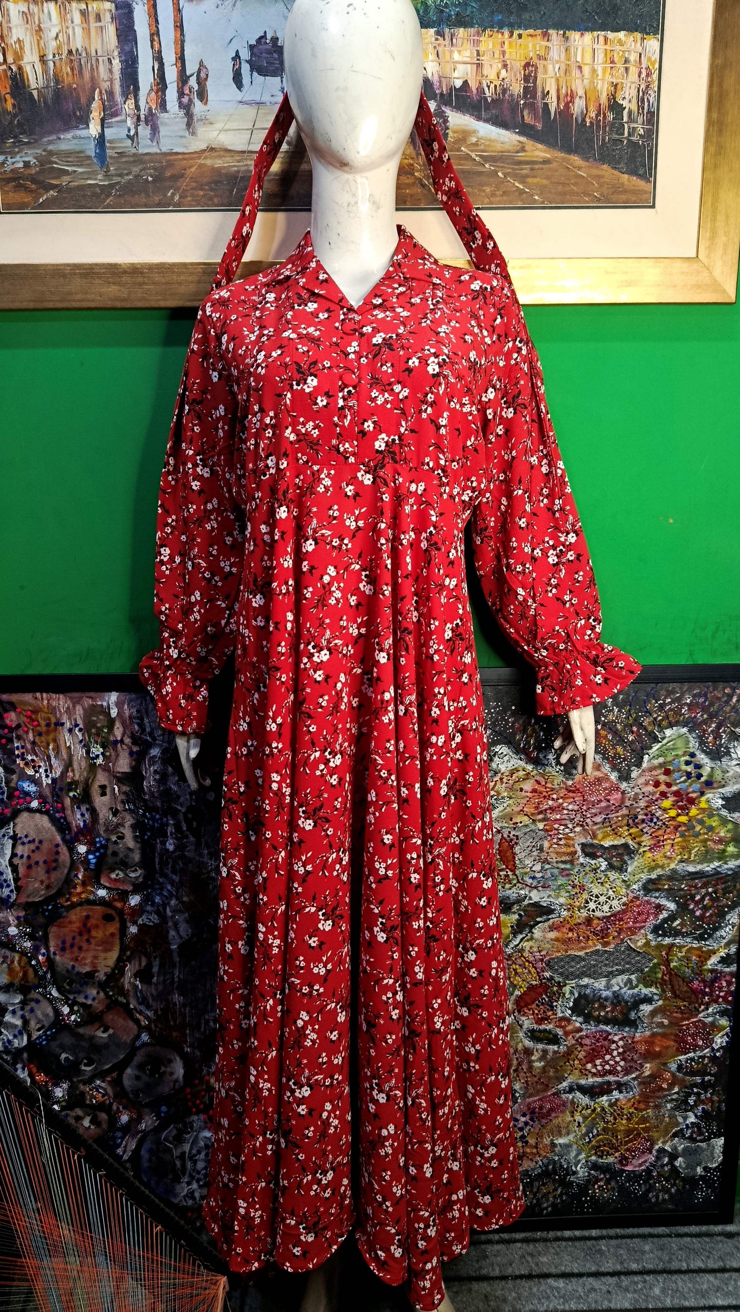 Red white black floral  Maxi Dress Pakistan – Soft Georgette Fabric | Ameeri Fabric