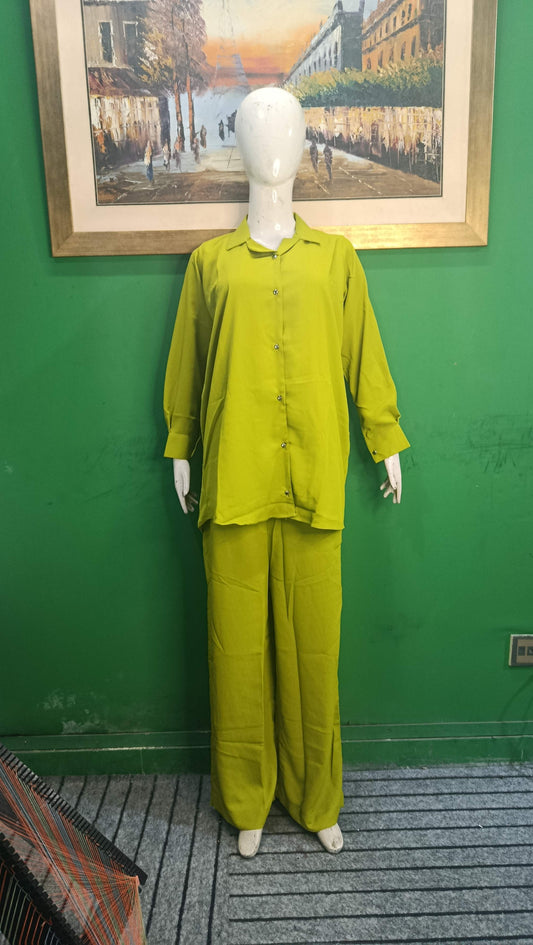 Elegant Yellow Green Button-Down Zoomi Co-ordSet for Women – Premium Cordset | Ameeri Fabric .