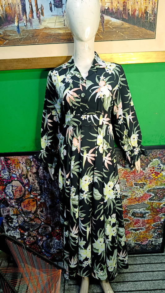 Black pink floral Geometric Maxi Dress Pakistan – Soft Georgette Fabric | Ameeri Fabric