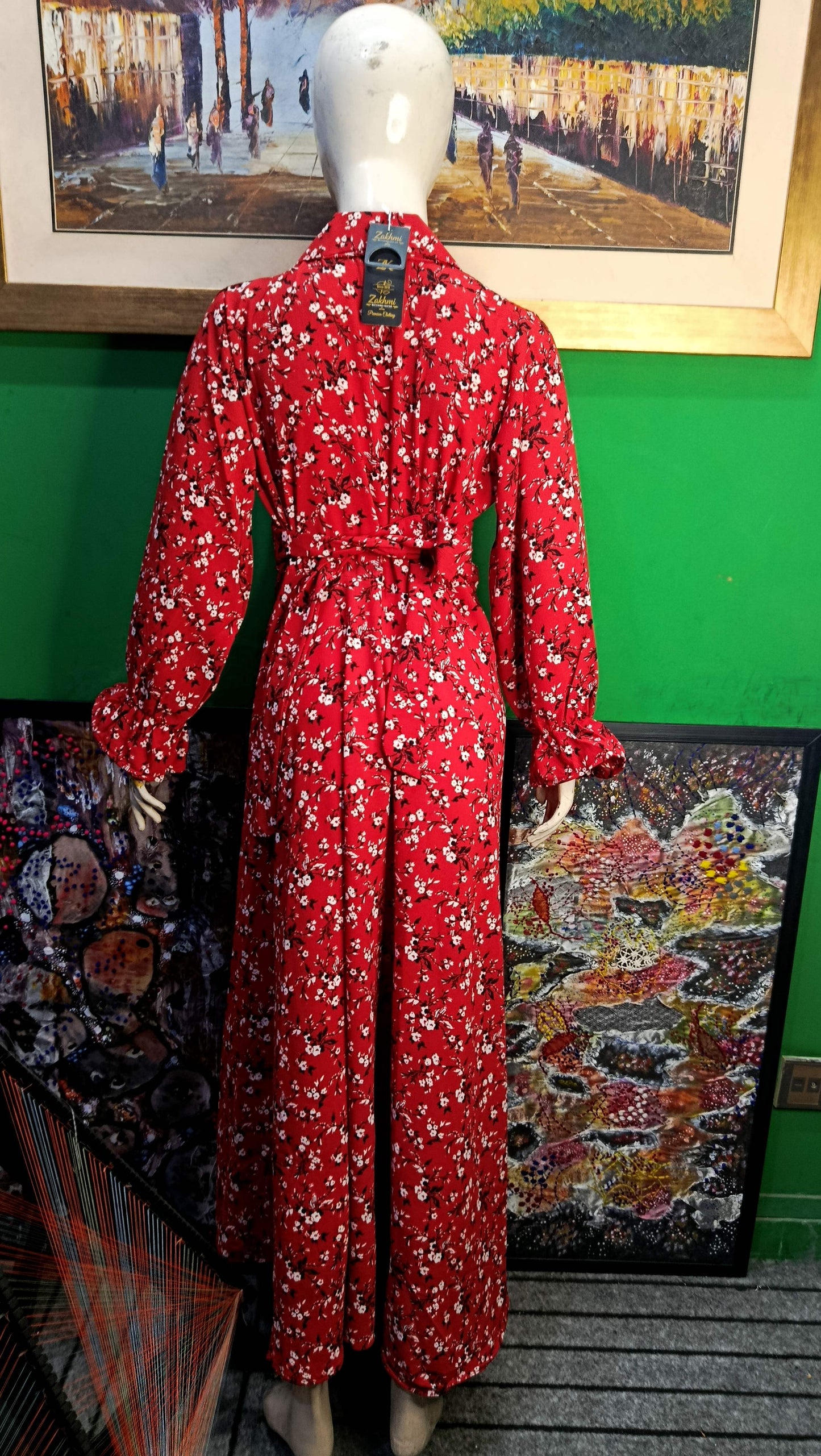 Red white black floral  Maxi Dress Pakistan – Soft Georgette Fabric | Ameeri Fabric
