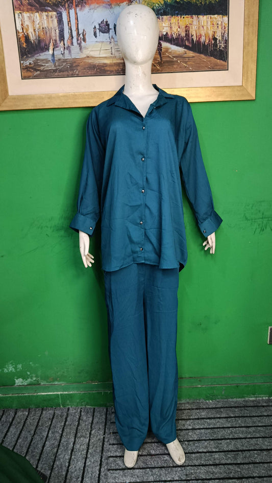 Elegant Mid Blue Button-Down Zoomi Co-ordSet for Women – Premium Cordset | Ameeri Fabric .