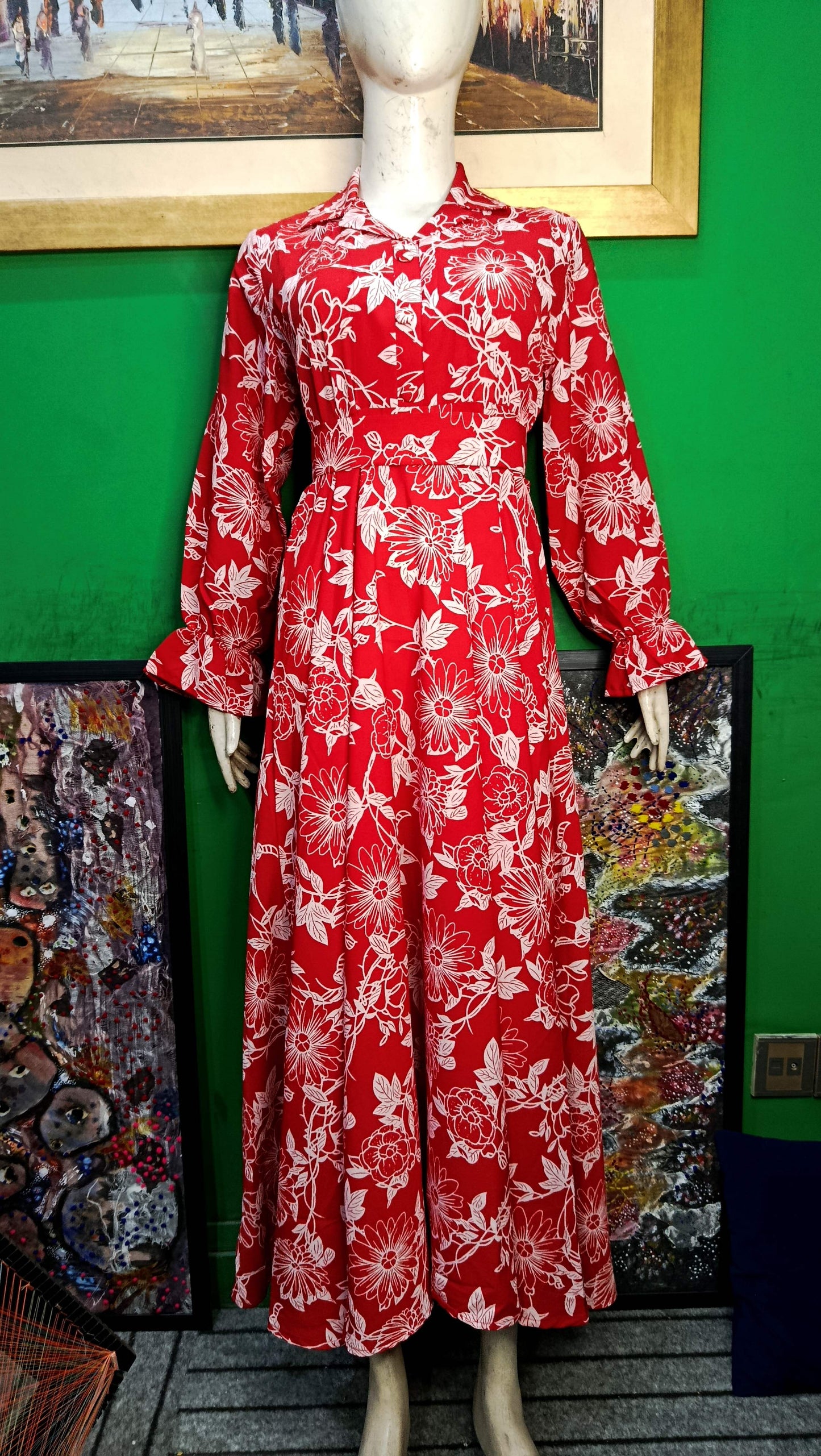 Red white leaves Maxi Dress Pakistan – Soft Georgette Fabric | Ameeri Fabric (Copy)