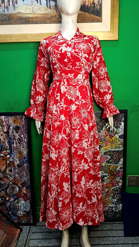 Red white leaves Maxi Dress Pakistan – Soft Georgette Fabric | Ameeri Fabric (Copy)