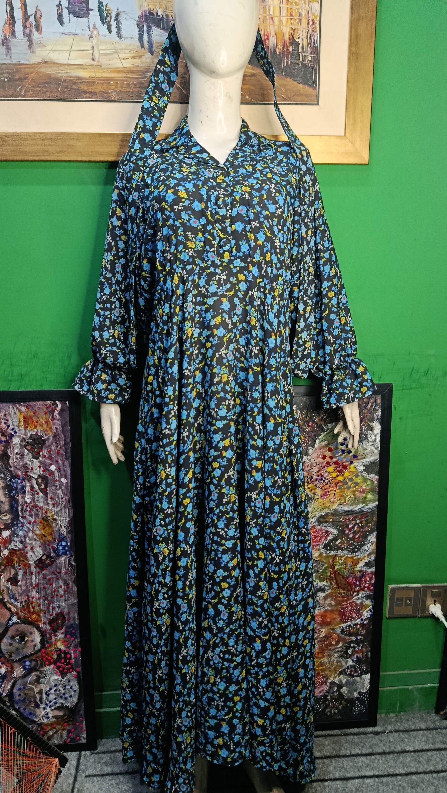 Black sky blue Floral Maxi Dress Pakistan – Soft Georgette Fabric | Ameeri Fabric