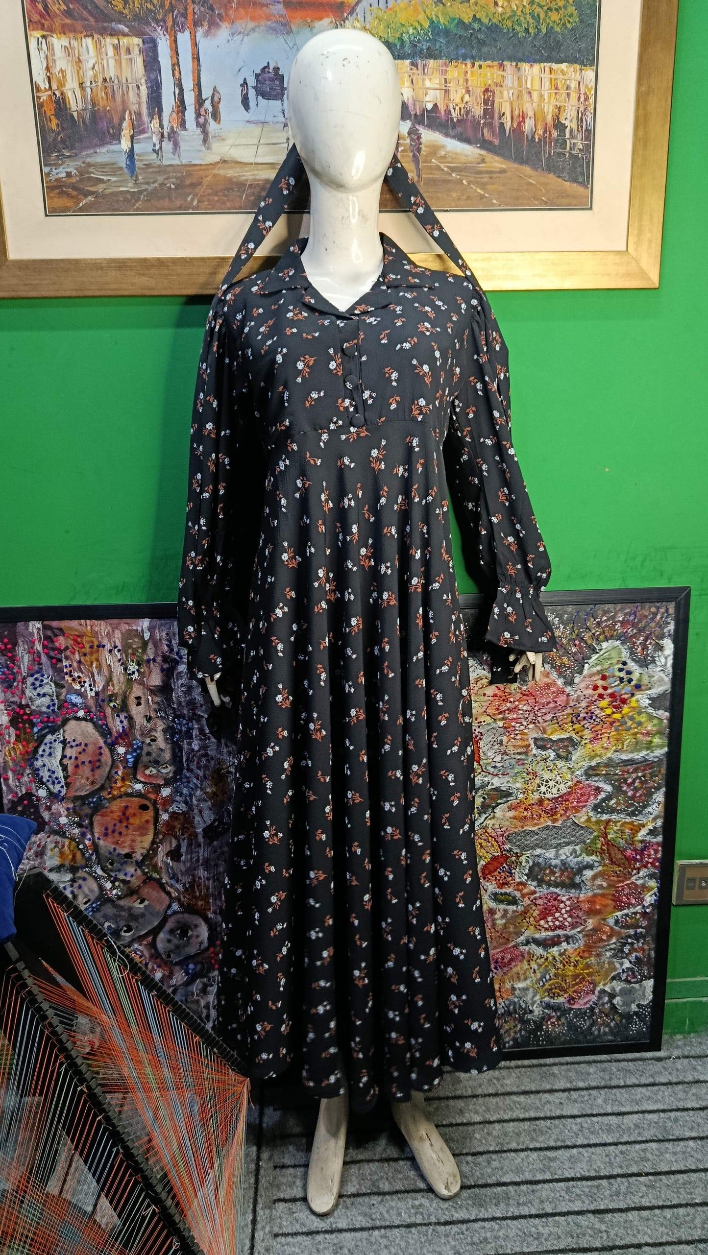 Black Brown floral  Maxi Dress Pakistan – Soft Georgette Fabric | Ameeri Fabric