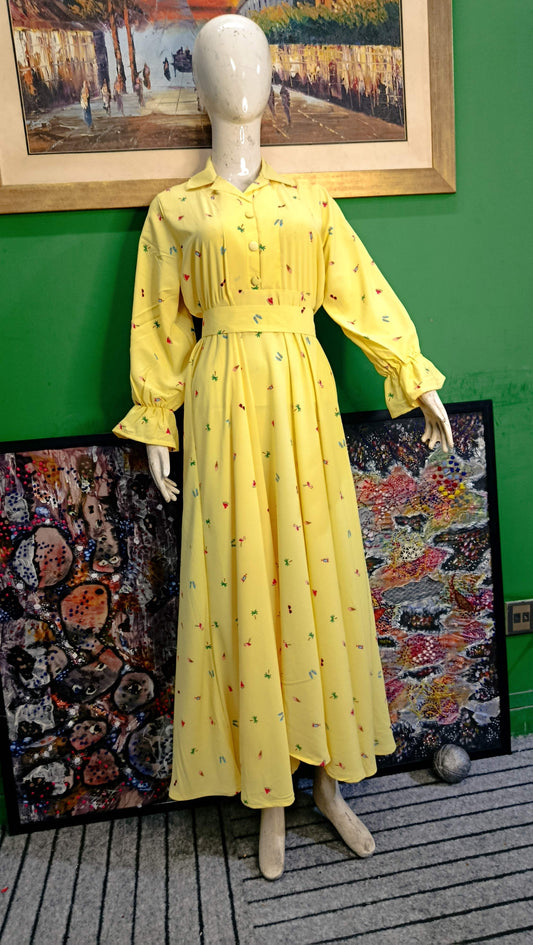 Mustard floral  Maxi Dress Pakistan – Soft Georgette Fabric | Ameeri Fabric