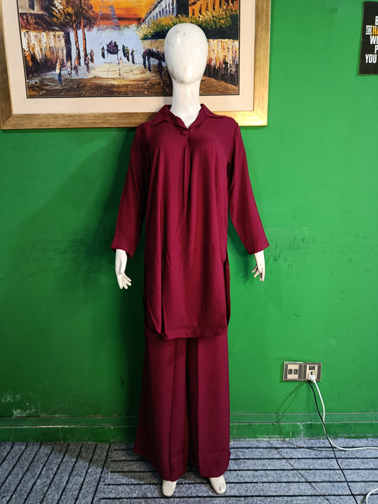 Elegant Mahroon reddish Button-Down soft Co-ordSet for Women – Premium Cordset | Ameeri Fabric