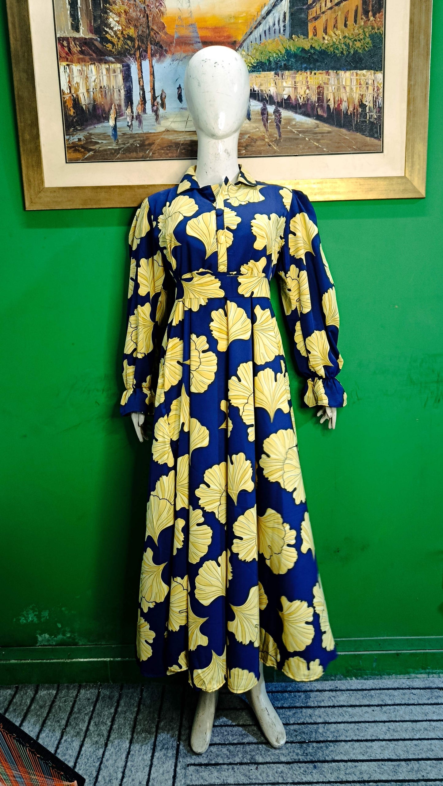 Blue Yellow floral allow Maxi Dress Pakistan – Soft Georgette Fabric | Ameeri Fabric