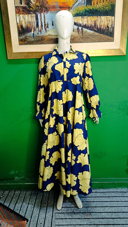 Blue Yellow Floral Maxi Dress Pakistan – Soft Georgette Fabric | Ameeri Fabric