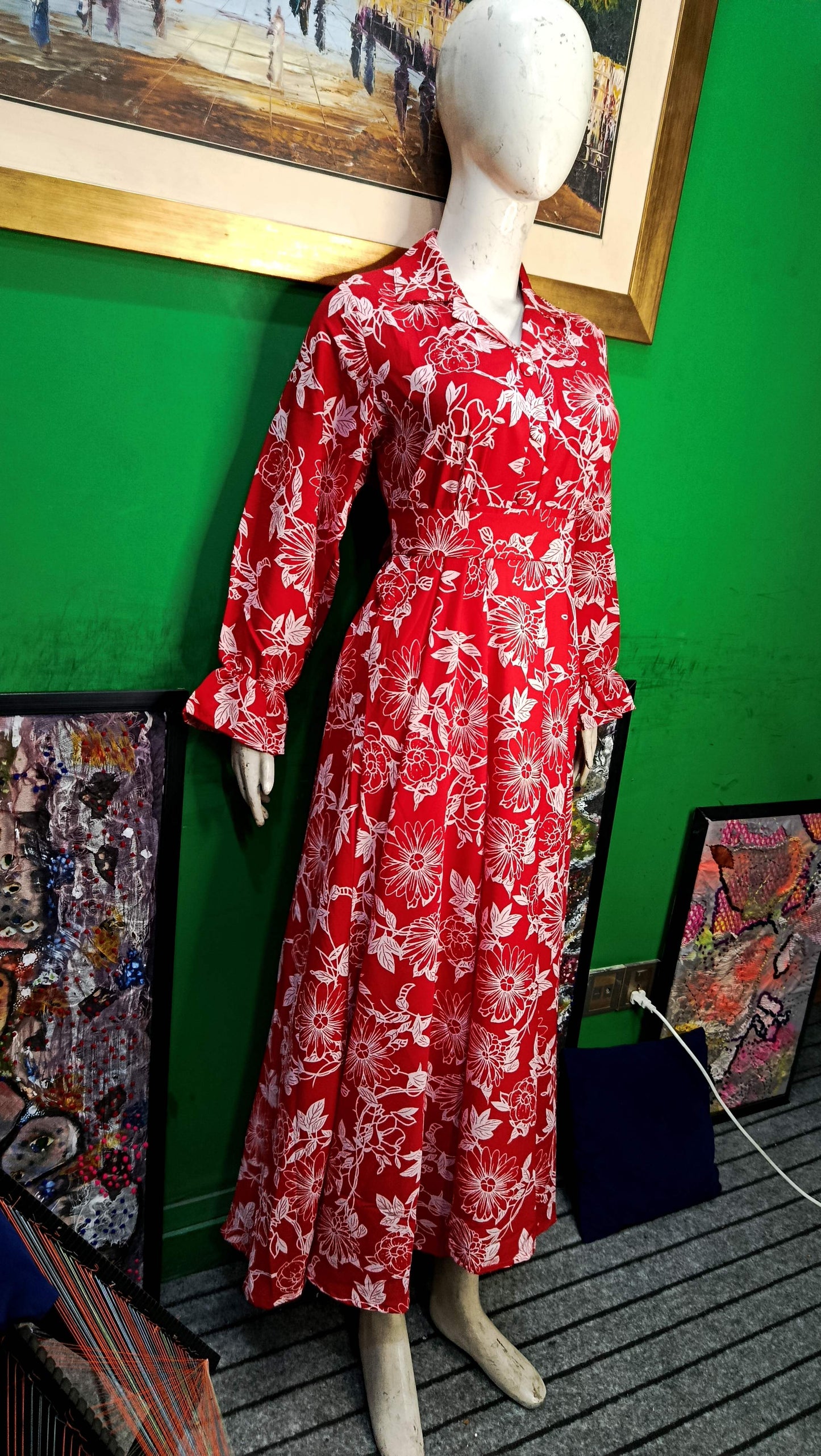 Red white leaves Maxi Dress Pakistan – Soft Georgette Fabric | Ameeri Fabric (Copy)
