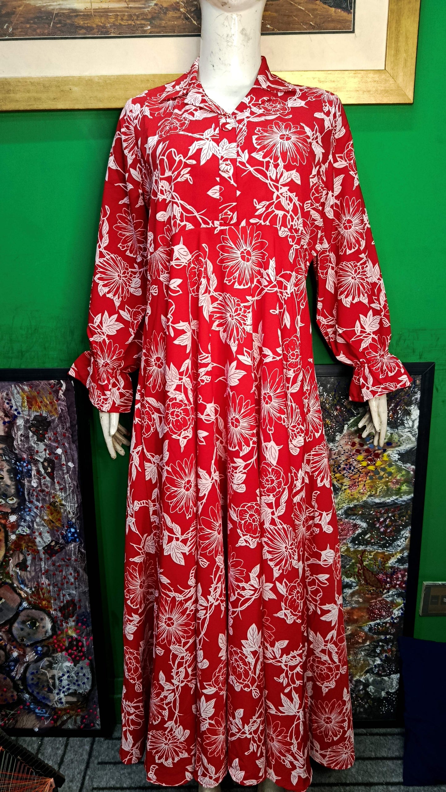 Red white leaves Maxi Dress Pakistan – Soft Georgette Fabric | Ameeri Fabric (Copy)